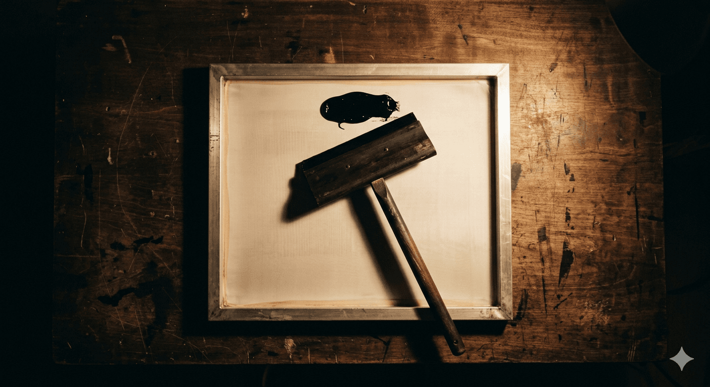 Workbench in a screen printing shop with a squeegee on a coated screen, lit by a single warm work lamp