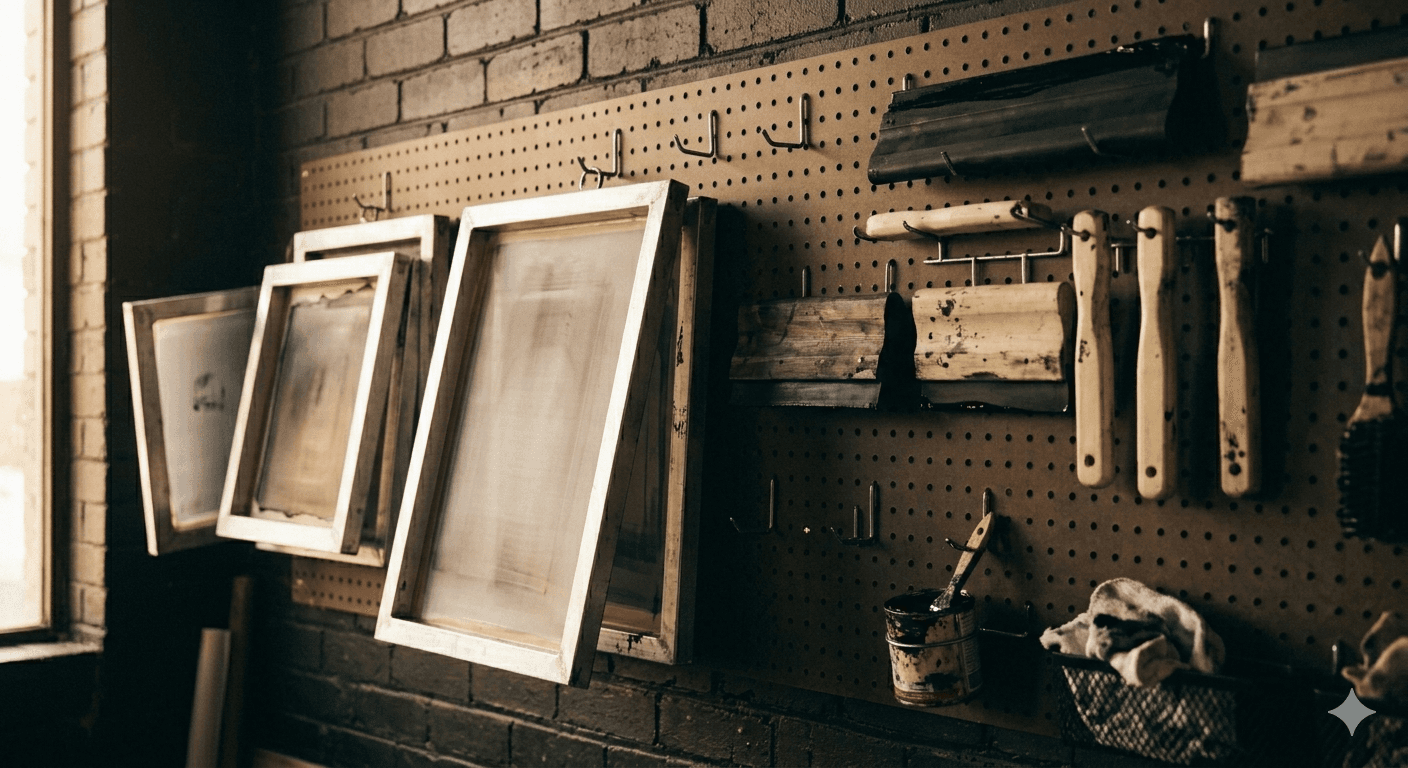 Pegboard wall in a screen printing shop with screens leaning against it