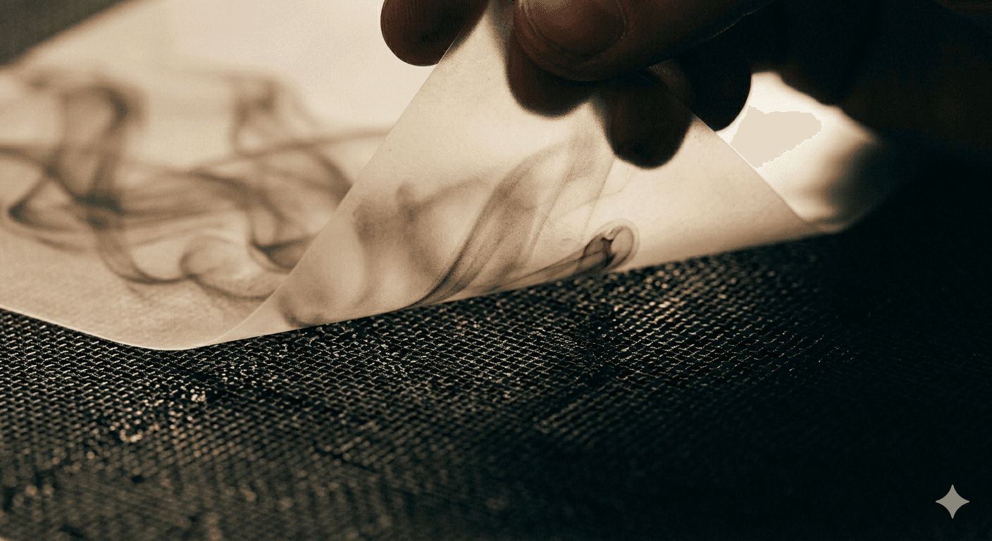 A direct-to-film transfer being peeled from a dark surface