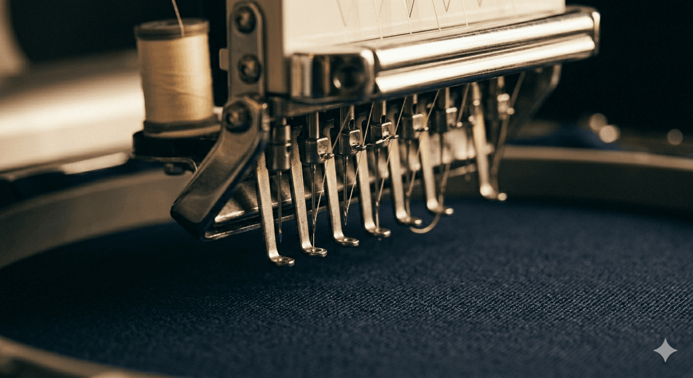 Multi-needle embroidery machine head over plain dark cotton fabric