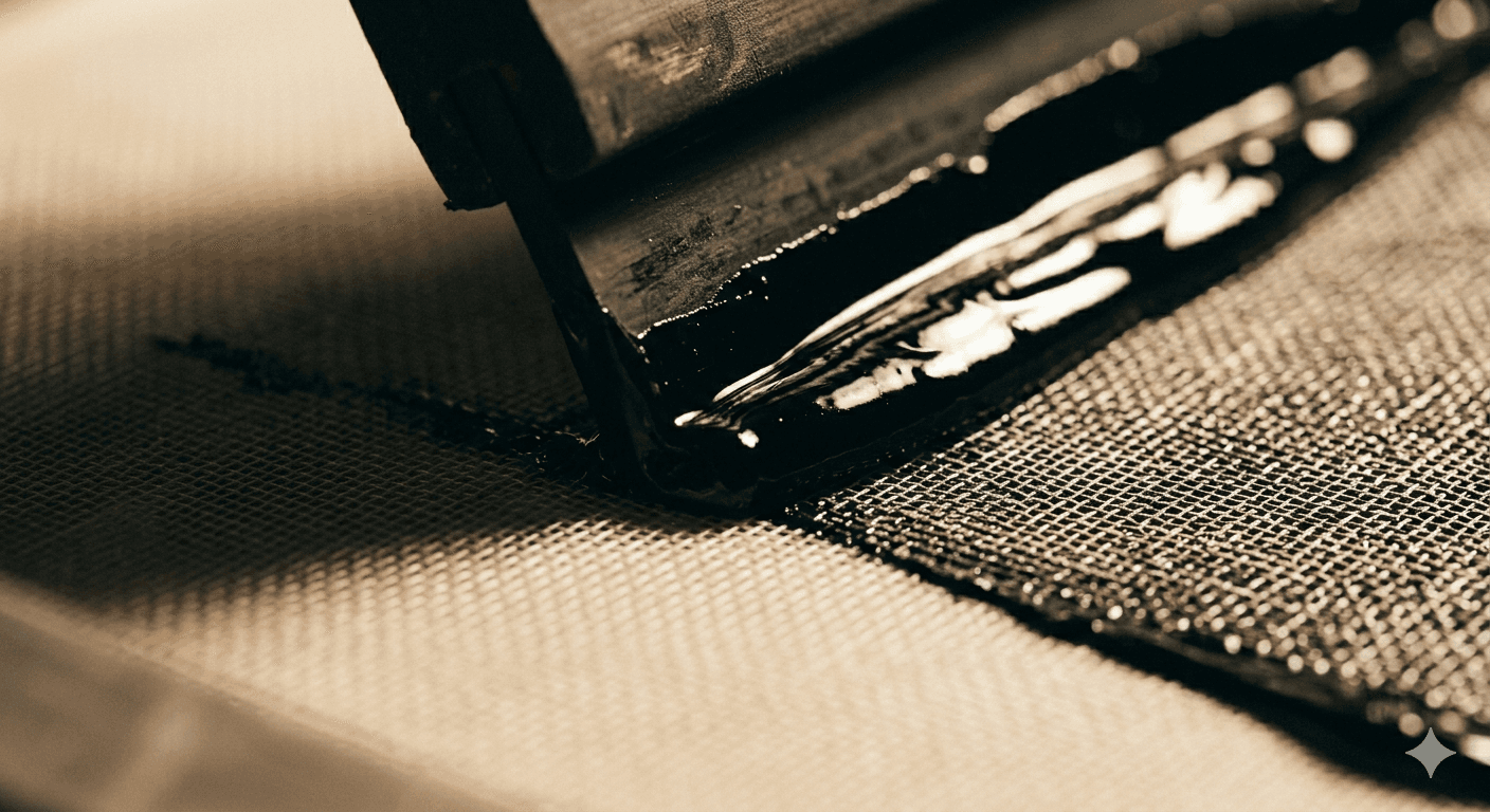 Black screen printing ink being pulled across a fine mesh screen
