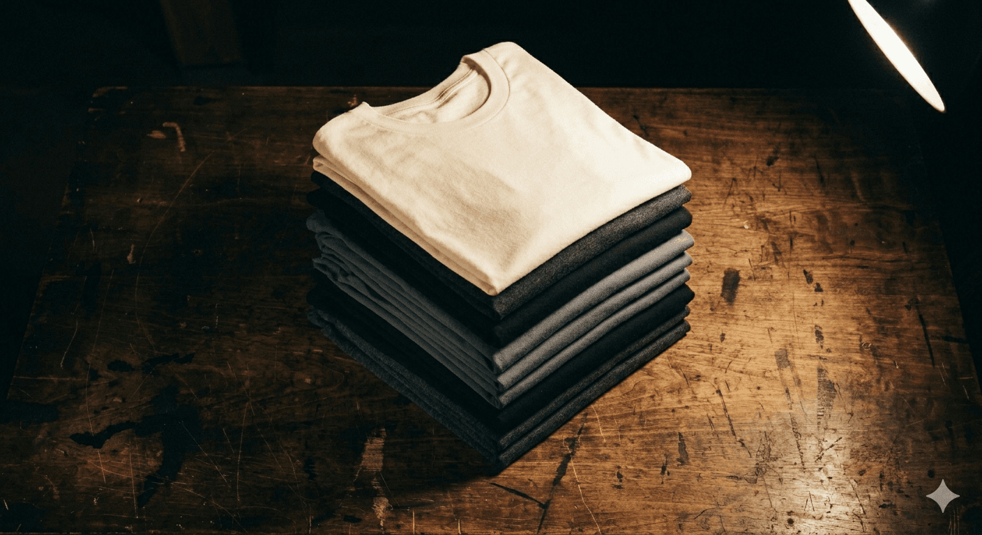 Folded stack of dark cotton t-shirts on a press table
